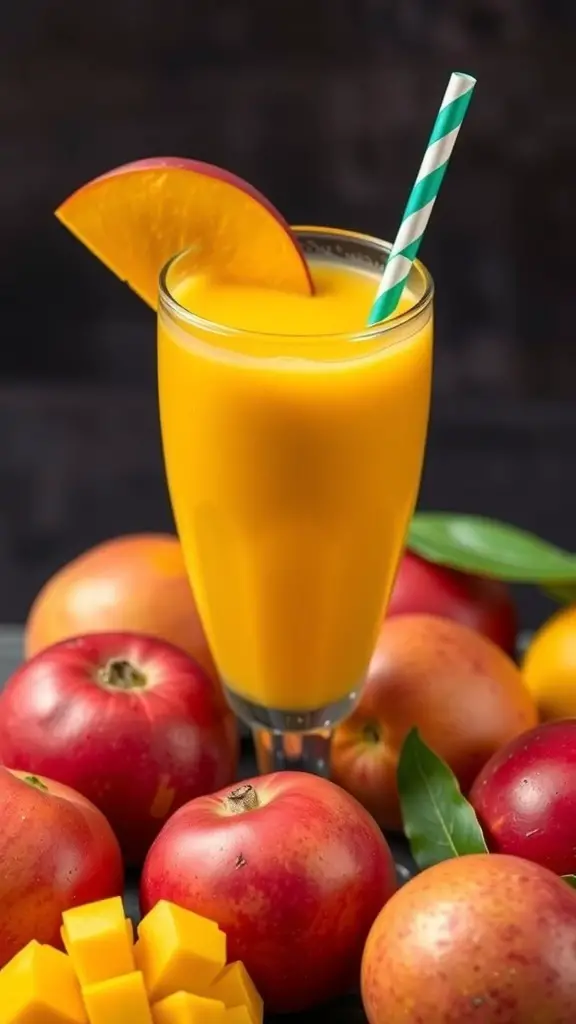 A glass of mango juice with a slice of mango and a green striped straw, surrounded by fresh apples and mango pieces.