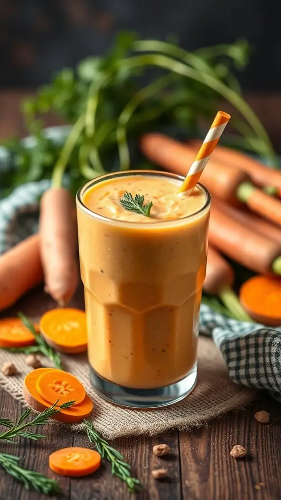 A refreshing Sweet Potato and Carrot Smoothie in a glass, surrounded by fresh carrots and sweet potatoes.