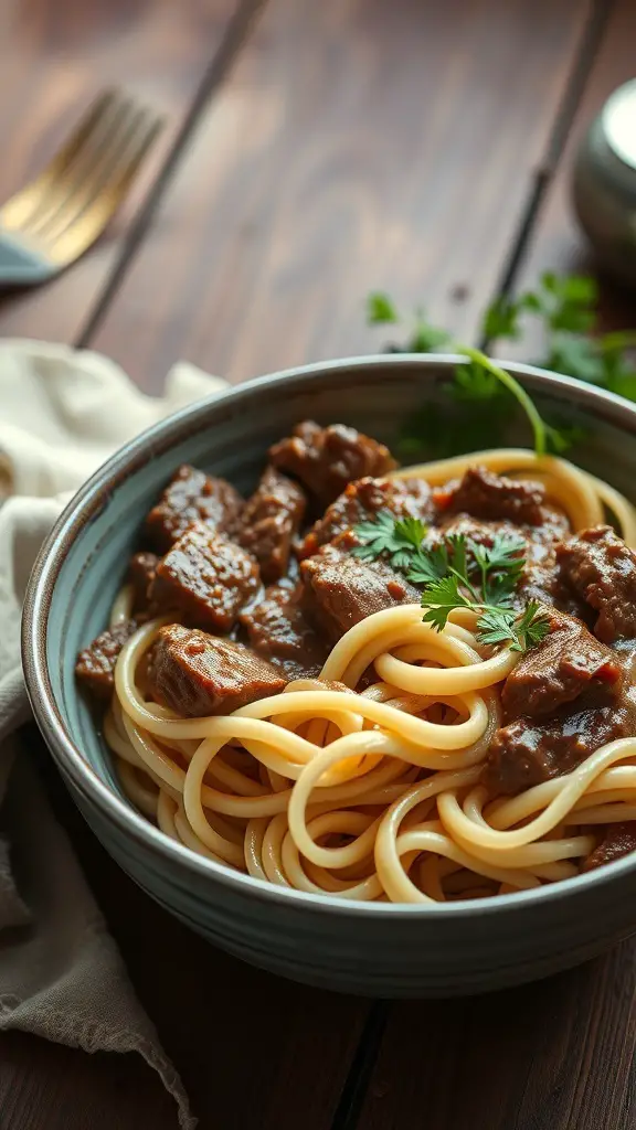 A bowl of Spicy Beef Stroganoff with pasta, garnished with fresh herbs.