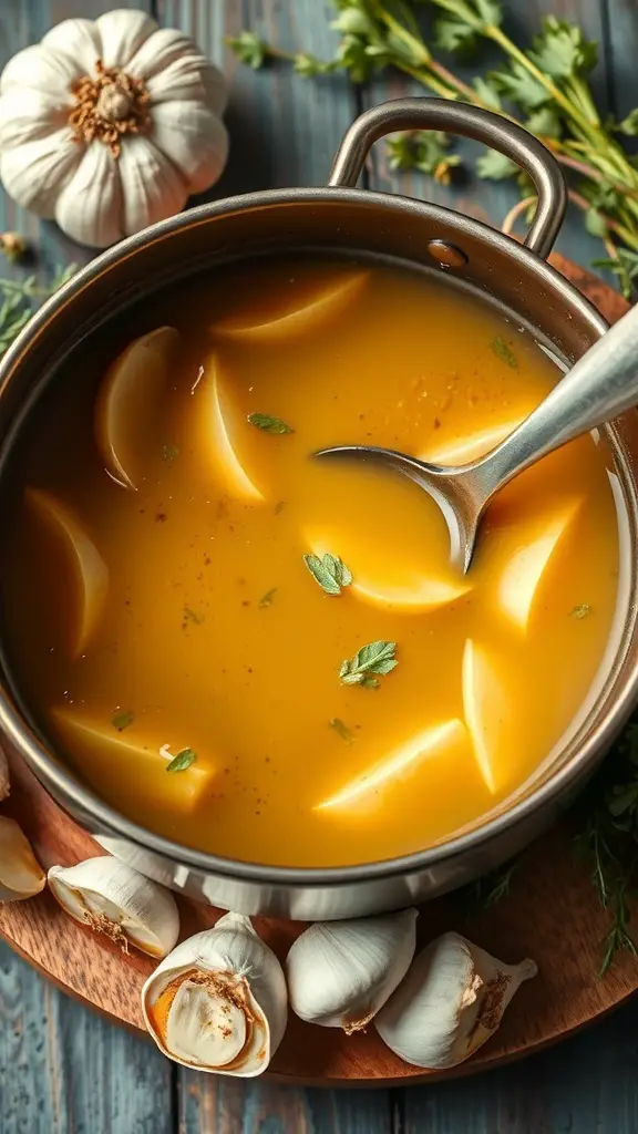 A pot of garlic and white wine fondue broth with garlic cloves and herbs around it.