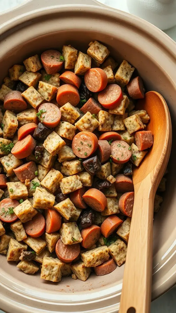 Crock pot filled with savory stuffing made of bread cubes, sausage, and herbs