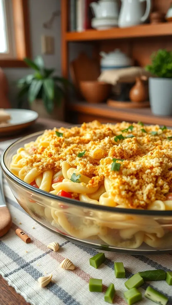 A delicious tuna noodle casserole with a crispy topping, served in a glass dish.
