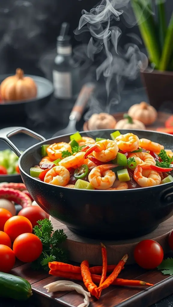 A steaming bowl of shrimp and vegetable stir-fry with colorful ingredients.