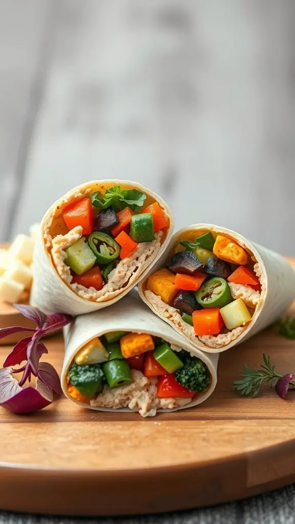 Three roasted vegetable and hummus wraps on a wooden platter, showcasing colorful veggies.