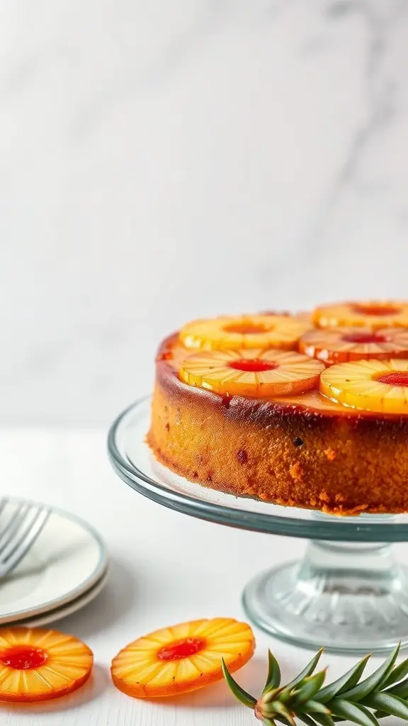 A delicious pineapple upside-down cake with pineapple slices on top, displayed on a glass cake stand.