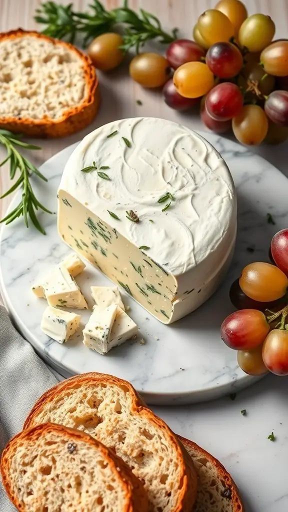 A round garlic and herb vegan cheese wheel on a marble board, surrounded by slices of bread and grapes.