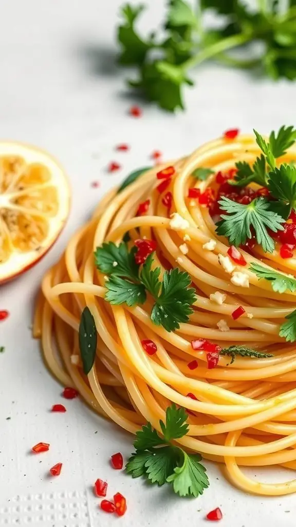 A plate of spaghetti aglio e olio garnished with herbs and chili flakes