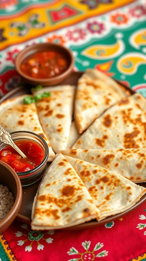 A plate of mini quesadillas with salsa on a colorful tablecloth.