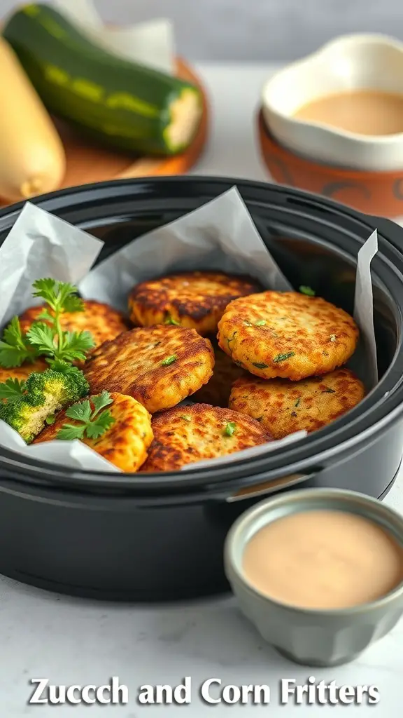 A plate of zucchini and corn fritters with a dipping sauce