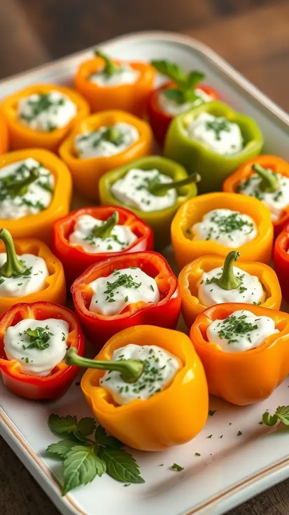 A platter of stuffed mini peppers filled with creamy cheese and garnished with herbs.