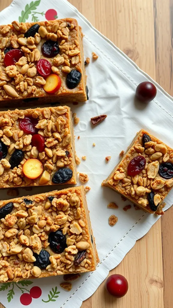 Nutty granola bars with dried fruits on a festive cloth