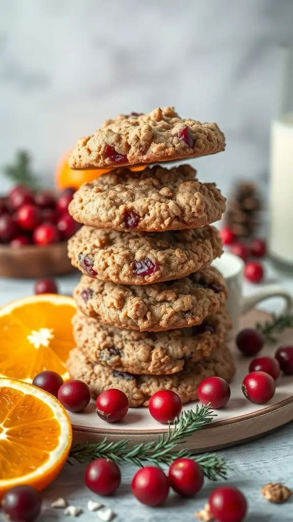A stack of cranberry orange oatmeal cookies with fresh cranberries and orange slices