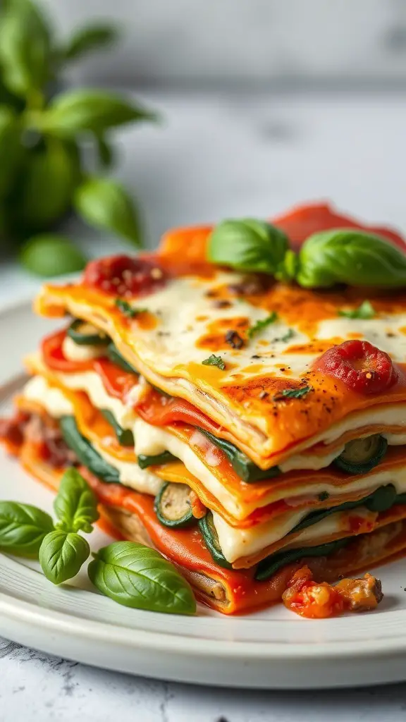 A delicious serving of vegetable lasagna with ricotta, garnished with fresh basil.