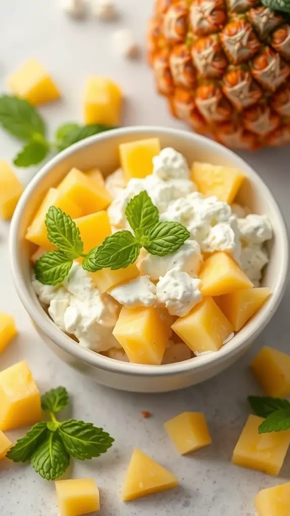 A bowl of cottage cheese topped with pineapple chunks and mint leaves.
