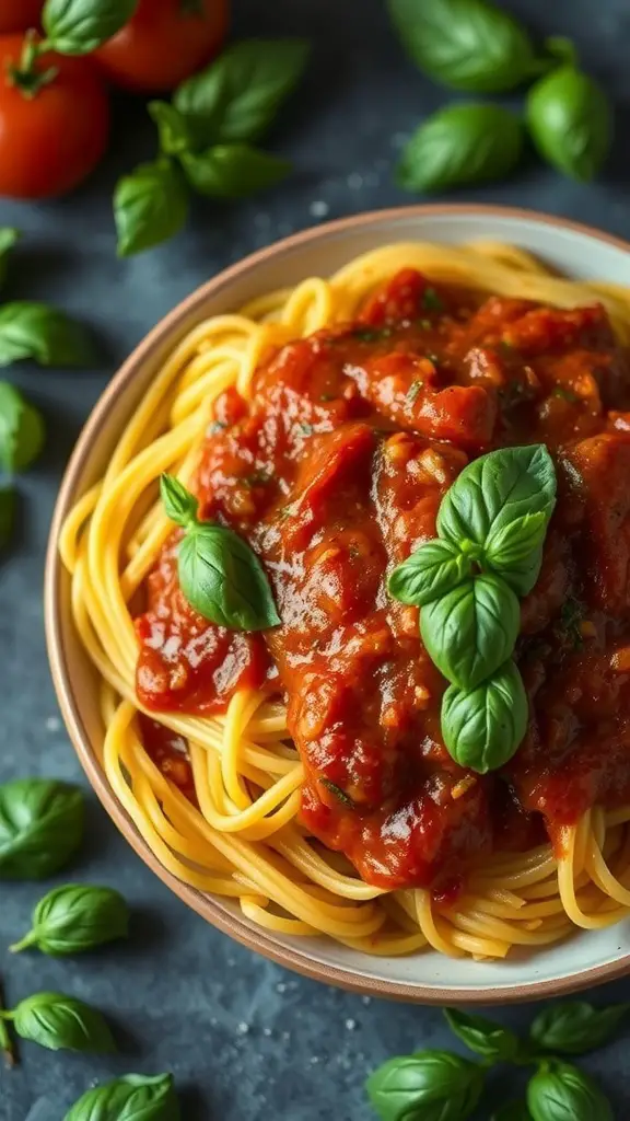 A bowl of spaghetti squash topped with marinara sauce and fresh basil leaves.