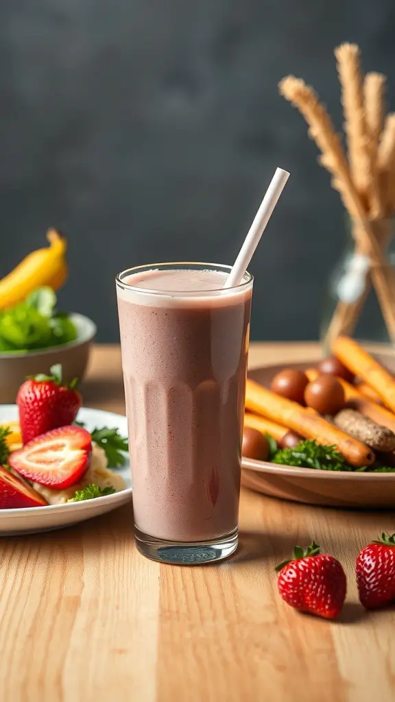 A delicious smoothie in a tall glass surrounded by fresh fruits and snacks.