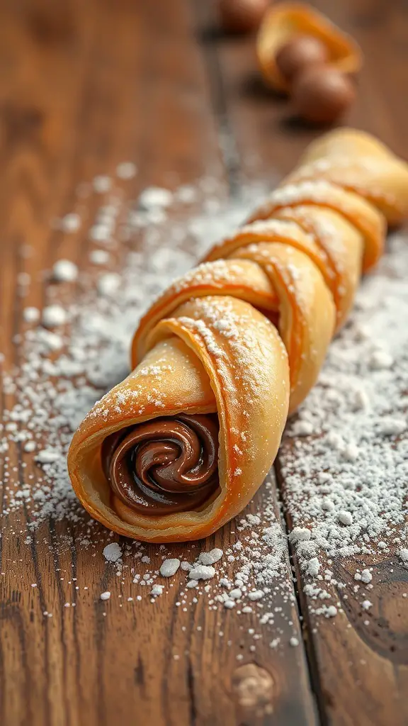 Chocolate hazelnut puff pastry twist on a wooden table with powdered sugar