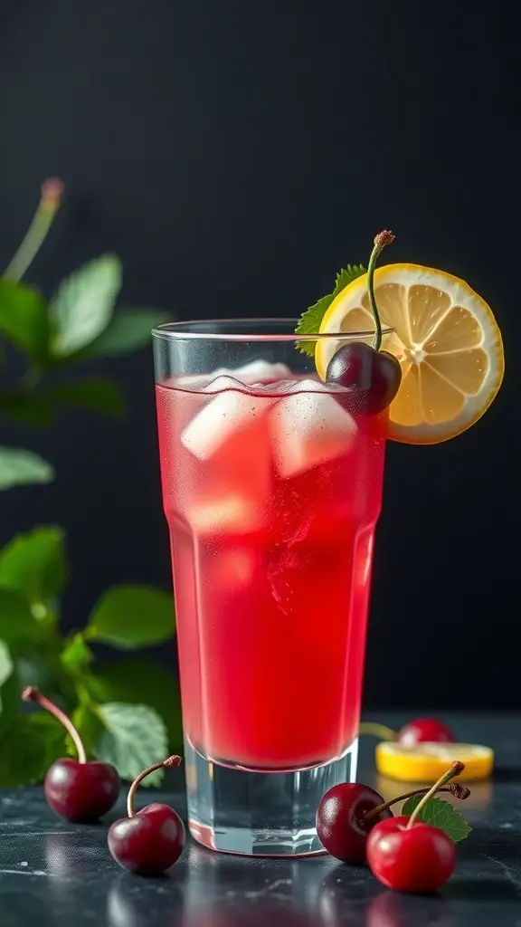A glass of Tart Cherry Lemonade Fusion with ice, garnished with a lemon slice and a cherry.