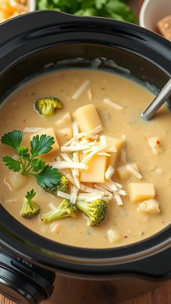 A creamy bowl of Cheesy Broccoli and Potato Soup in a crock pot, garnished with cheese and broccoli florets.