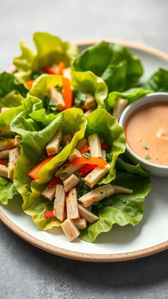 A plate of turkey lettuce wraps filled with turkey, bell peppers, and herbs, served with a dipping sauce.