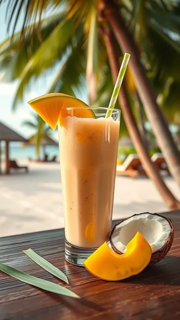 A tropical mango and coconut smoothie in a tall glass with a slice of mango and coconut beside it, set against a beach background.