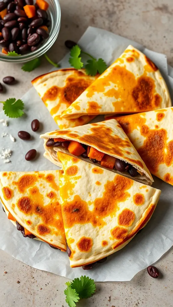 Sweet potato and black bean quesadillas cut into triangles, served with black beans and cilantro on the side.