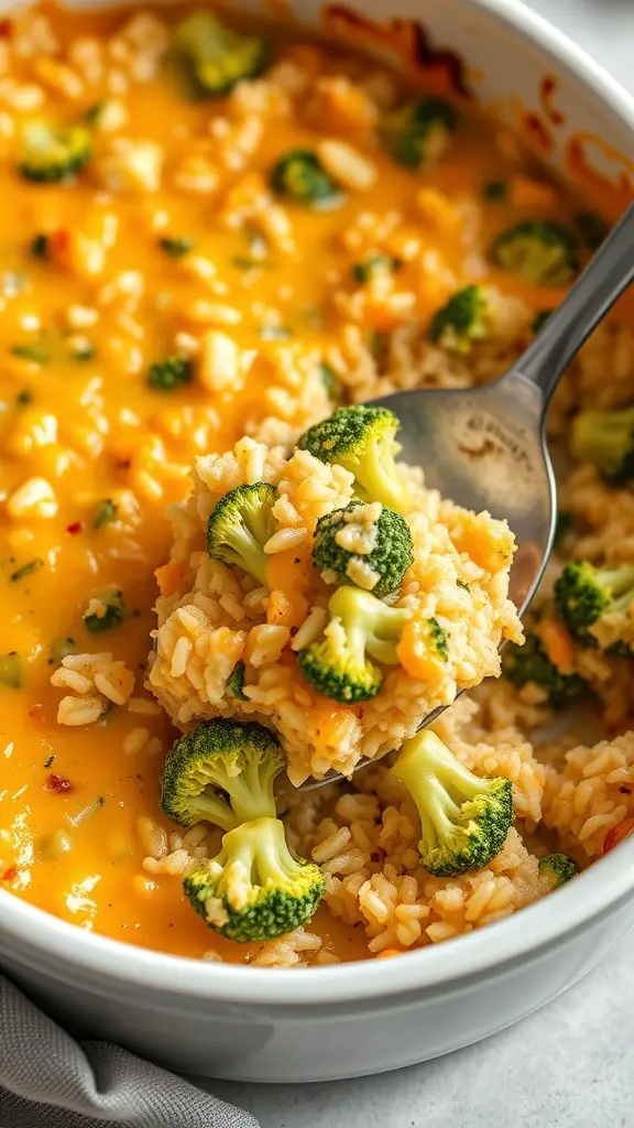 A delicious cheesy broccoli and rice casserole in a baking dish, with a spoonful being served.