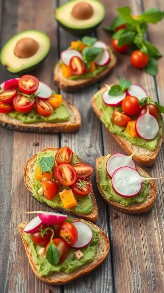 A variety of avocado toast topped with colorful vegetables on a wooden table.