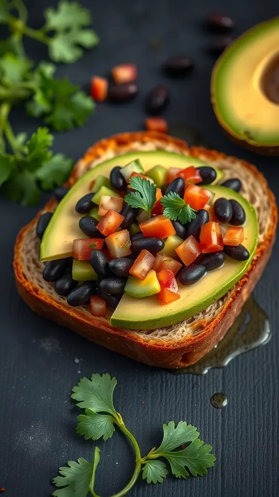 A delicious smoky black bean and avocado sandwich topped with diced tomatoes and cilantro.