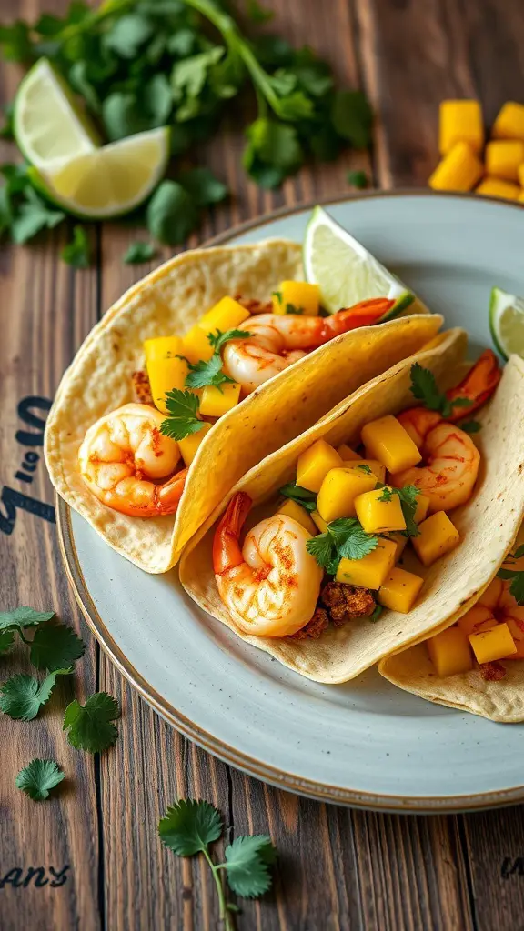 Three spicy shrimp tacos with mango salsa, garnished with cilantro and lime on a wooden table.