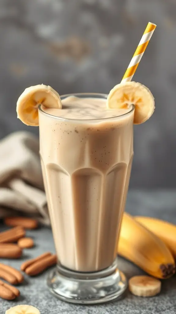 A tall glass of peanut butter banana smoothie with banana slices on the rim and a yellow straw.