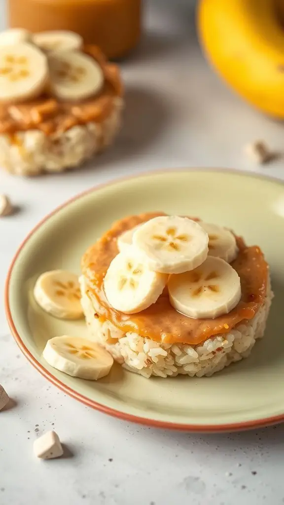 Mini rice cakes topped with peanut butter and banana slices on a plate