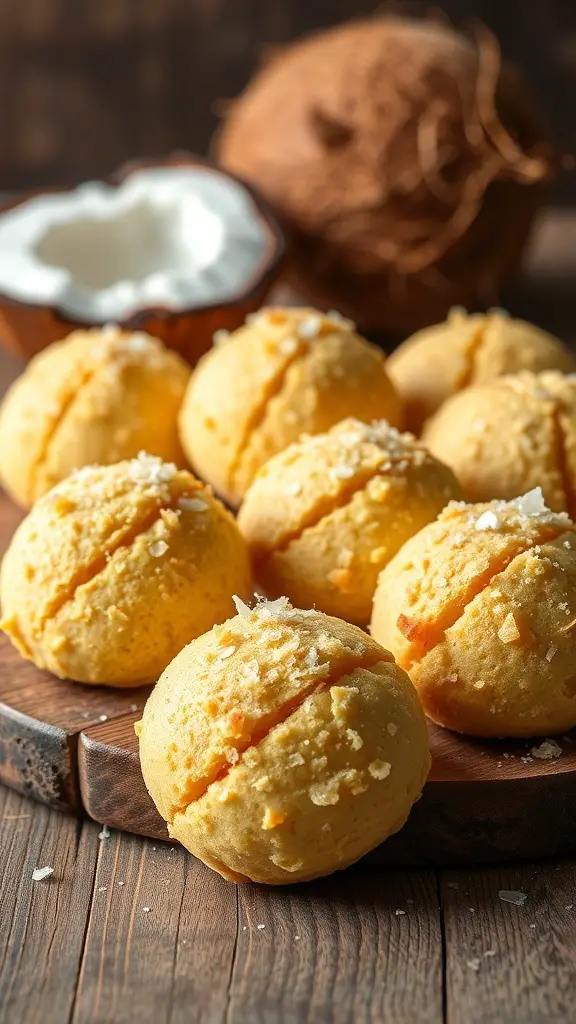 A plate of coconut macaroons with a fresh coconut in the background.