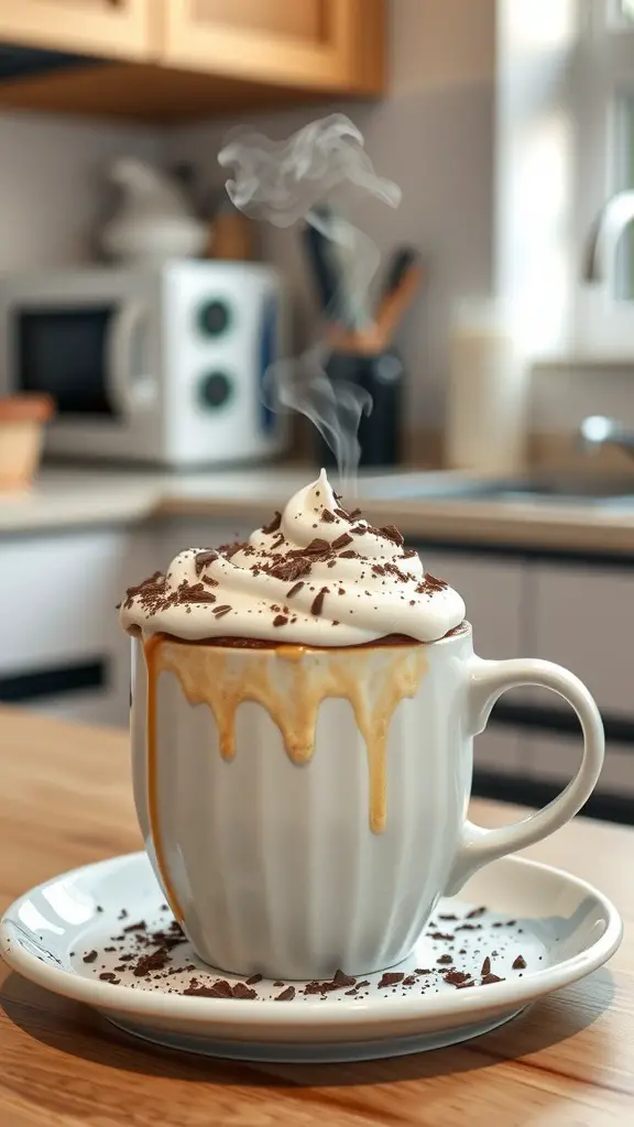 A steaming chocolate mug cake topped with whipped cream and chocolate shavings, sitting on a plate in a kitchen setting.