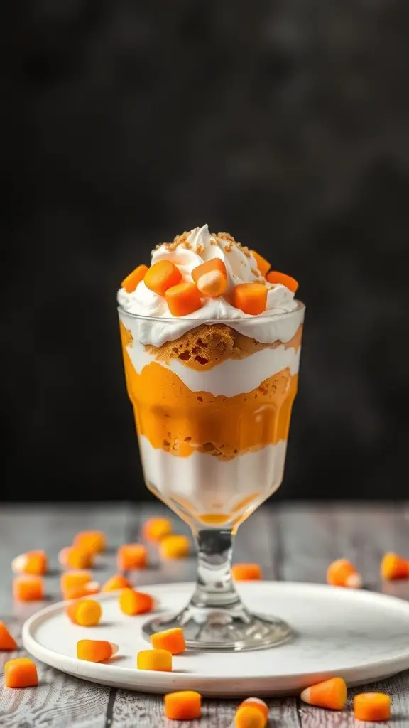 A colorful Candy Corn Parfait in a glass, topped with whipped cream and candy corn, surrounded by scattered candy corn on a plate.