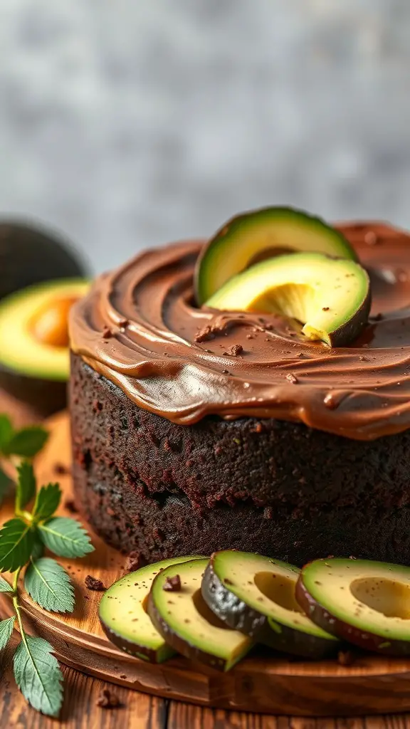 A delicious chocolate avocado cake topped with chocolate ganache and slices of avocado.