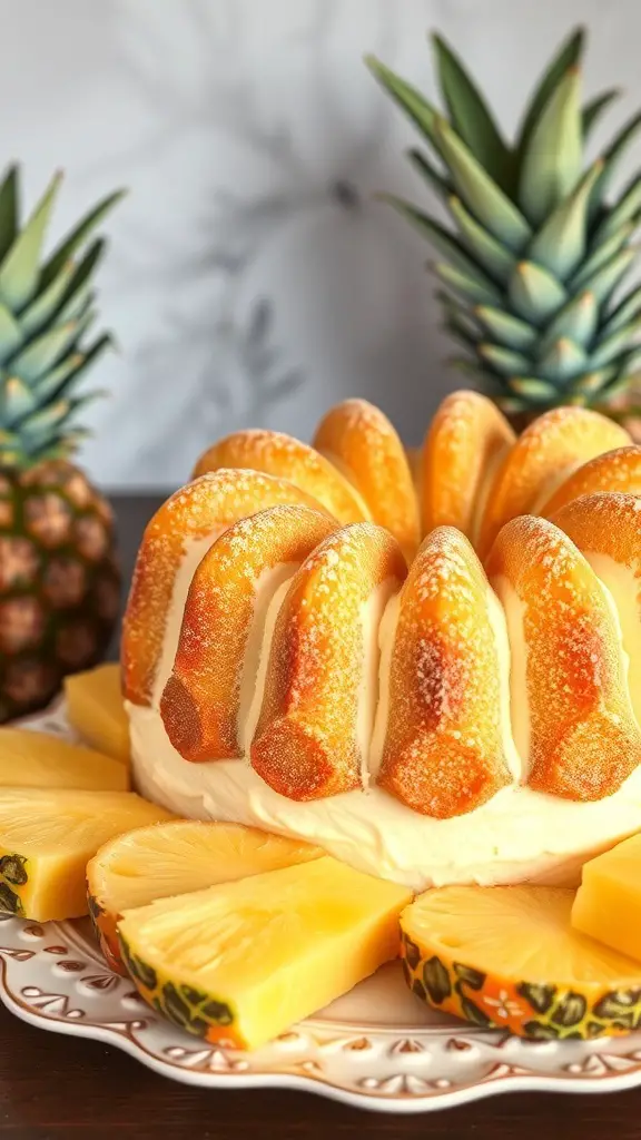 A beautifully presented Pineapple Angel Food Cake surrounded by fresh pineapple slices.
