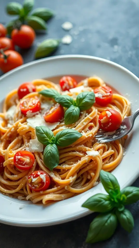 A plate of creamy tomato basil pasta garnished with cherry tomatoes and fresh basil leaves.