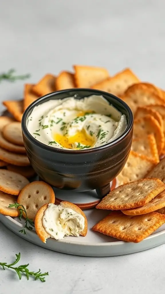A bowl of herbed goat cheese fondue surrounded by crispy crackers.