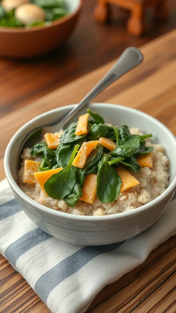 Bowl of savory oatmeal topped with cheese and spinach