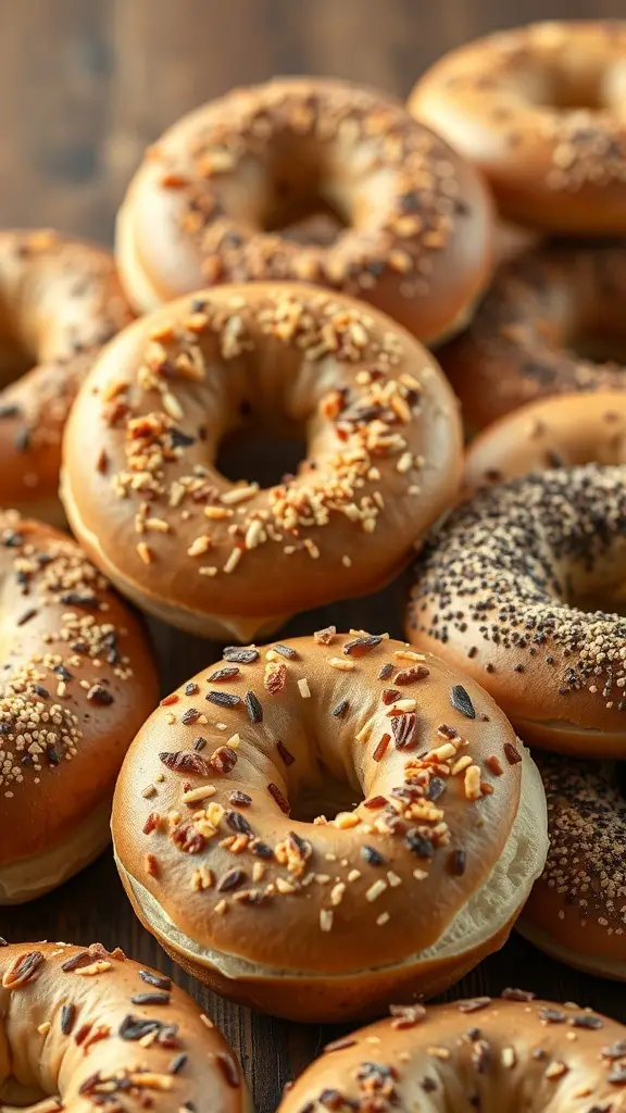 A variety of bagels topped with seeds and spices.