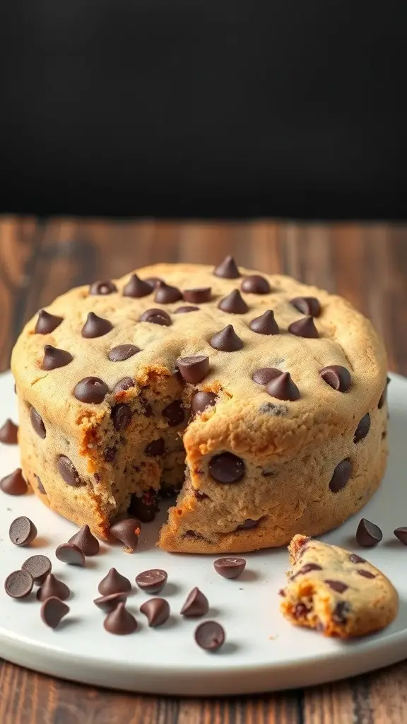 A chocolate chip cookie cake with chocolate chips on top, partially sliced.