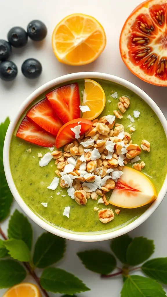 A colorful Tropical Green Smoothie Bowl topped with strawberries, lemon slices, blueberries, oats, and coconut flakes.