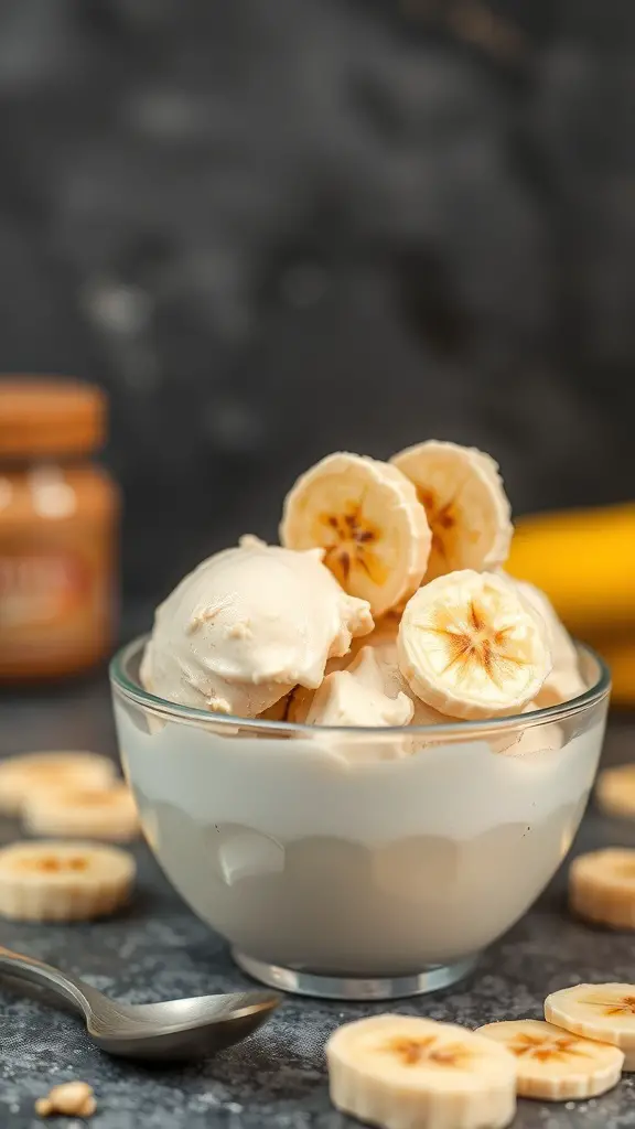 A bowl of peanut butter banana ice cream topped with banana slices, with a jar of peanut butter and banana slices in the background.