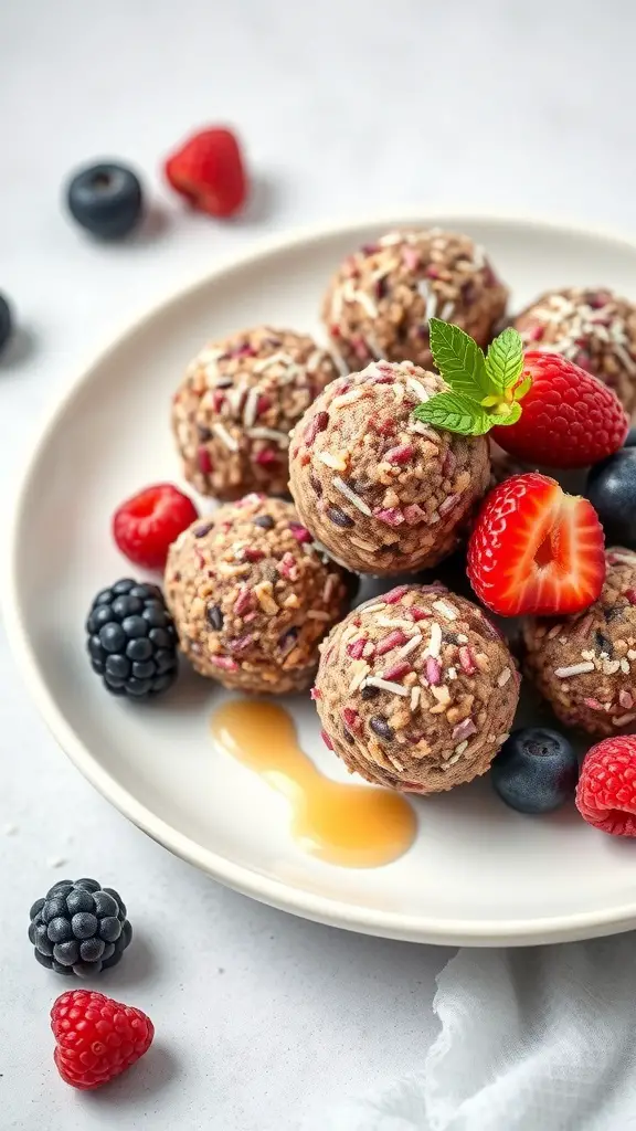 A plate of Berry Bliss Protein Balls decorated with fresh berries and a drizzle of honey.