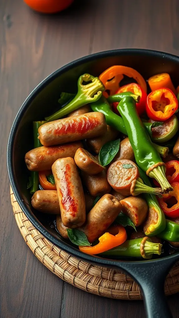 A skillet filled with cooked sausages and colorful bell peppers.