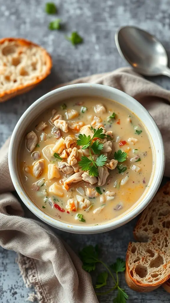 A bowl of creamy chicken and wild rice soup garnished with fresh herbs, alongside slices of bread.