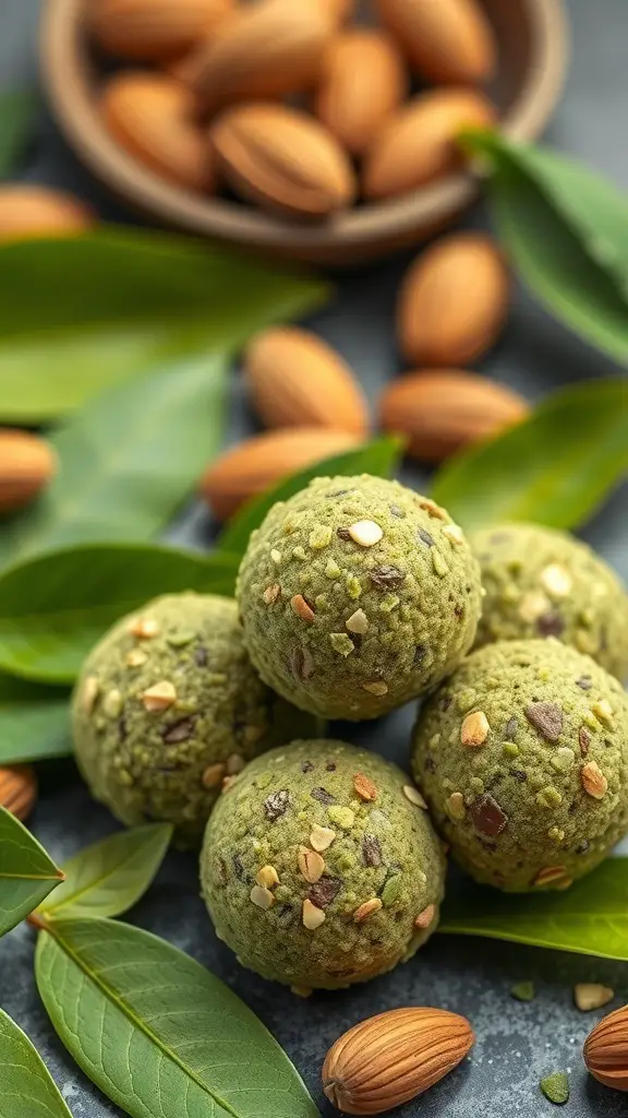 Matcha Almond Protein Balls surrounded by almonds and green leaves