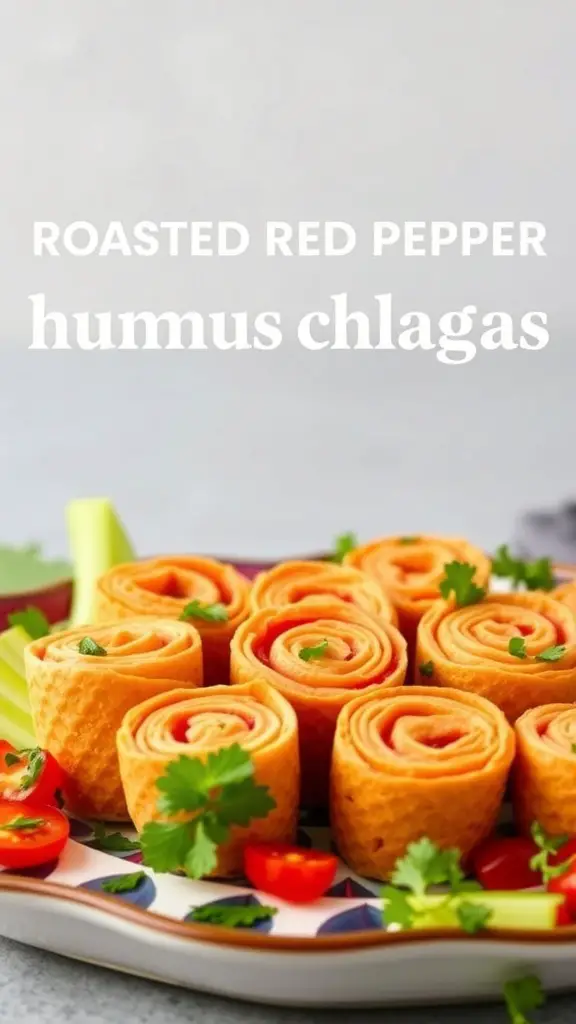 A plate of roasted red pepper hummus pinwheels garnished with cilantro and cherry tomatoes.