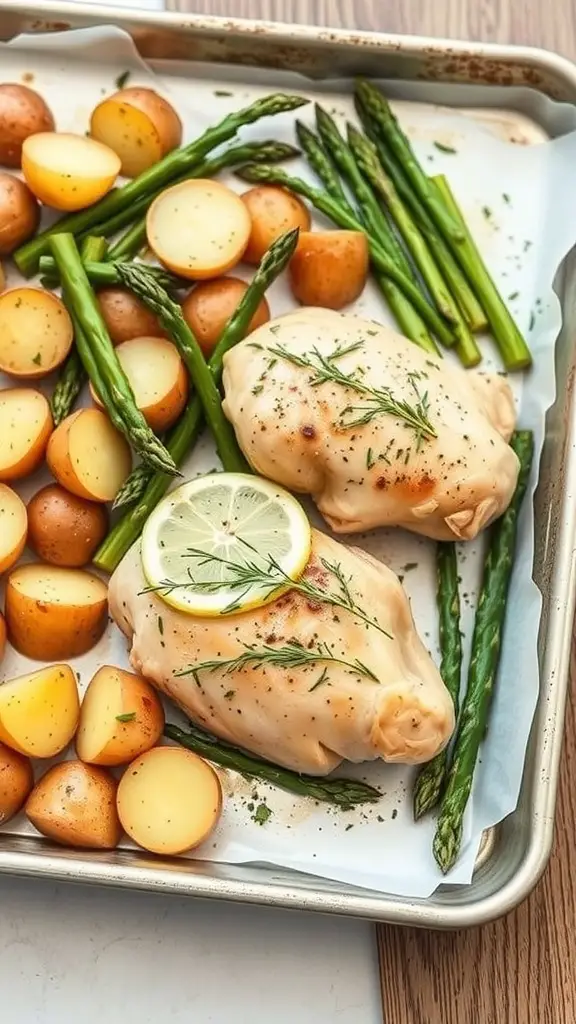 One-Pan Lemon Herb Chicken with potatoes and asparagus on a baking sheet